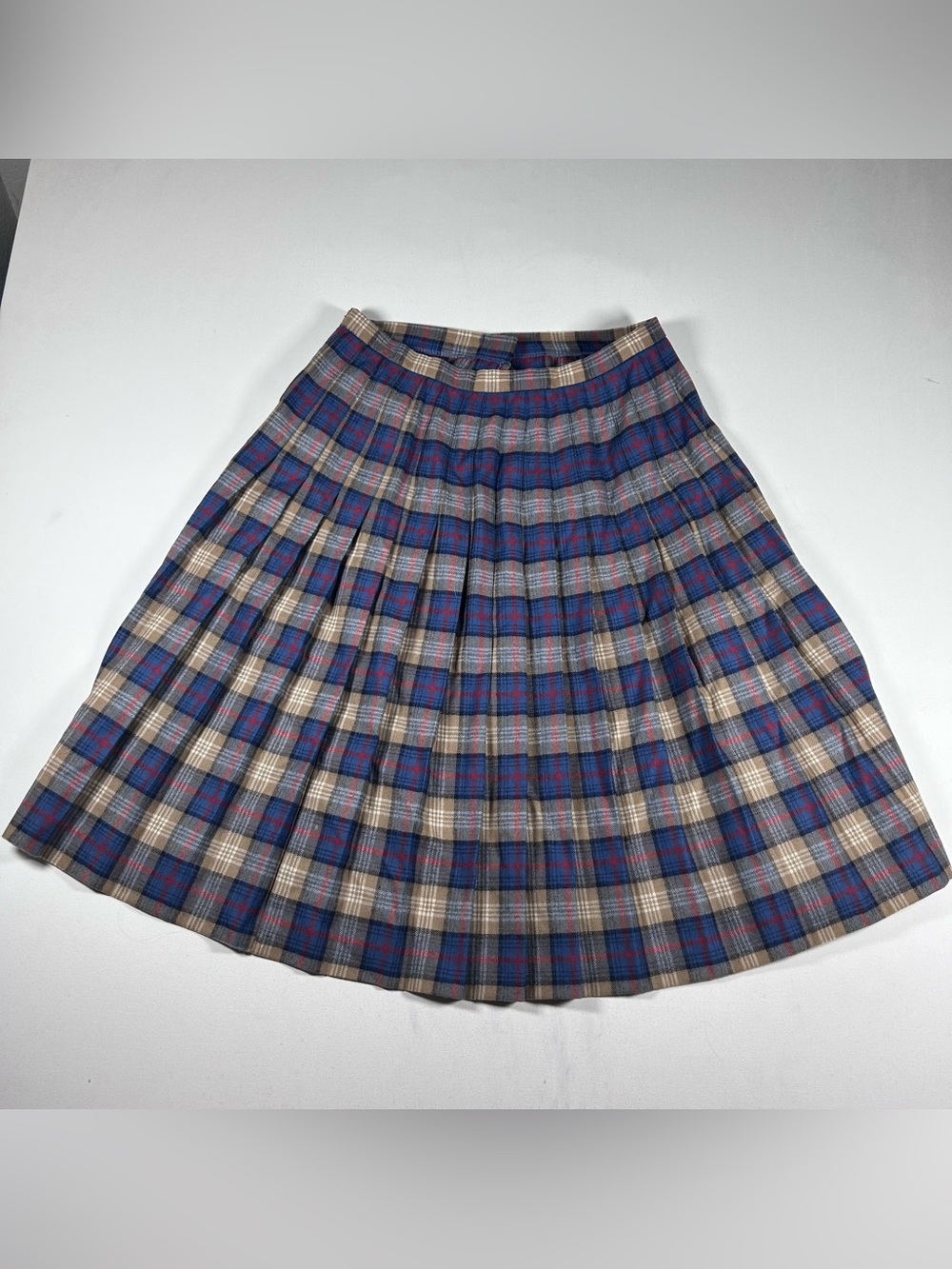 VTG David Brooks Pleated Casual Midi Skirt 8 Blue Beige 100% Wool 70s 80s USA - Picture 6 of 6